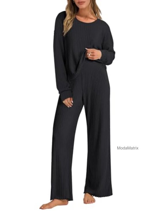 Other - Women's 2-Piece Lounge Pajamas Set, Fleece-Lined Ribbed Knit, Long Sleeve, Wide